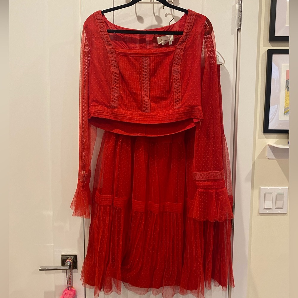 Anthropologie set in Red Mesh with crochet and pin tucks and pleats.